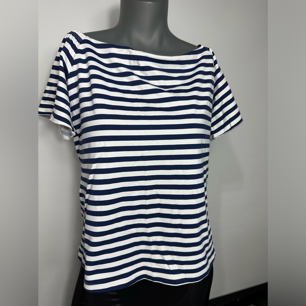 J.McLaughlin Blue Navy White Striped Scalloped Trim Square Neck size Small - Picture 6 of 13